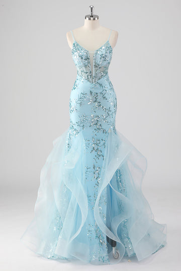 Bleu ciel Sirène Spaghetti Bretelles Sequin Corset Robe de Bal Longue avec Volants
